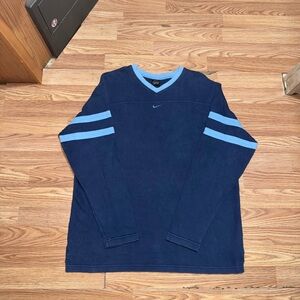 VTG 90s Rare Navy Blue Stripped Nike Center Swoosh V Neck Sweatshirt Mens L Y2K